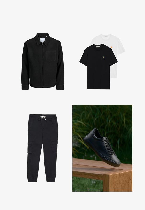 Zwarte zip-up jas met kraag en enkele borstzak, weergegeven op een witte achtergrond.; Twee katoenen t-shirts: een zwarte met een kleine groene en gele ananasborduursel, en een witte met een cirkelvormig oranje borduursel.; Zwarte cargobroek van katoen, met een elastische tailleband en een trekkoord, zijzakken en toelopende boorden.; Zwarte leren sneaker met een gladde textuur, ronde neus, en platte veters, geplaatst boven een houten oppervlakte met groene gras op de achtergrond.