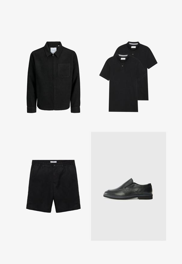 Jachetă neagră cu fermoar, cu guler și un singur buzunar pe piept, expusă pe fundal alb.; Două tricouri polo negre, cu mânecă scurtă, din material de bumbac, având un guler clasic, deschidere cu două butoane și accente albe cu dungi în interiorul gulerului.; Shorts negri dintr-un material moale, cu închidere cu nasture, față plată și buzunare laterale. Croială standard, cu o textură netedă.; Pantof de piele neagră, tip slip-on, cu un superior neted, accente cusute, vârf rotunjit și un toc jos din cauciuc. Talpa are un profil minim de aderență.