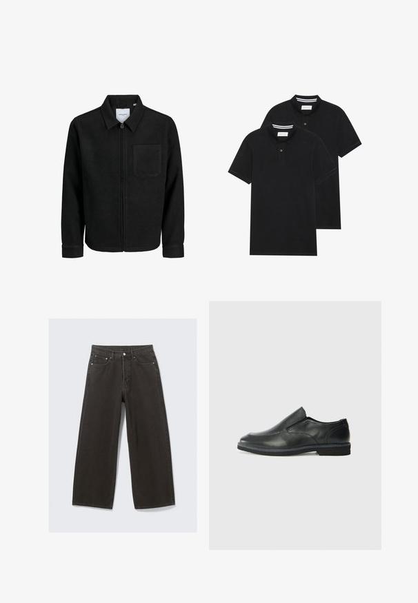 Black zip-up jacket with collar and single chest pocket, displayed on white background.; Two black polo shirts, short-sleeved, cotton material, featuring a classic collar, two-button placket, and white striped accents inside the collar.; Wide-leg black denim jeans feature a high waist, five-pocket design, and a button-fly closure. The fabric has a soft, textured finish.; Black leather slip-on shoe with a smooth upper, stitched accents, rounded toe, and a low rubber heel. Sole features minimal tread.