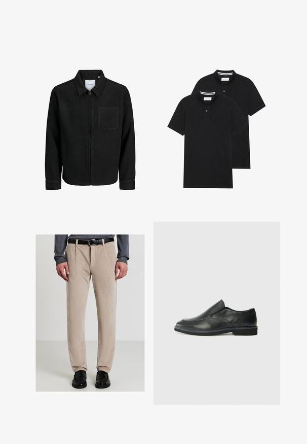 Schwarze Zip-Jacke mit Kragen und einer einzelnen Brusttasche, auf weißem Hintergrund präsentiert.; Zwei schwarze Polohemden, kurzärmlig, aus Baumwolle, mit einem klassischen Kragen, zwei Knöpfen und weißen Streifenakzenten im Inneren des Kragens.; Mann, der beige Cordhosen, einen schwarzen Gürtel, einen grauen Pullover und schwarze Leder-slipper trägt und vor einem schlichten Hintergrund steht.; Schwarze Leder-Slipper mit glattem Obermaterial, gesteppten Akzenten, runder Zehenpartie und niedrigem Gummiabsatz. Die Sohle hat ein minimales Profil.