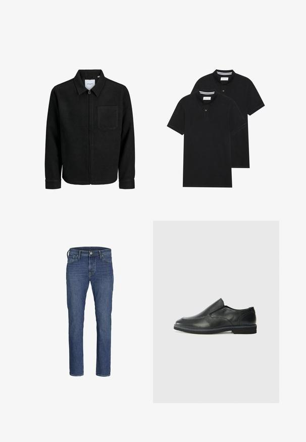 Svart zip-jacka med krage och en enda bröstficka, visad på vit bakgrund.; Två svarta polo t-shirts, kortärmade, i bomullsmaterial, med en klassisk krage, tvåknappsslutning och vita randiga accenter inuti kragen.; Mörkblå jeans för män med rak bendesign, fem fickor och en klassisk knapp- och dragkedjestängning.; Svart lädersko i slip-on-modell med en slät ovandel, sömnadsdetaljer, rund tå och låg gummihäl. Sulan har minimal mönstring.