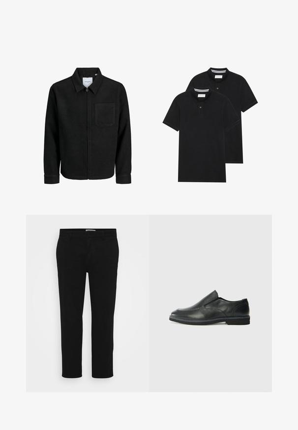 Black zip-up jacket with collar and single chest pocket, displayed on white background.; Two black polo shirts, short-sleeved, cotton material, featuring a classic collar, two-button placket, and white striped accents inside the collar.; Black cotton trousers featuring a straight cut, front pockets, a button closure, and a clean, smooth texture. No visible patterns or embellishments.; Black leather slip-on shoe with a smooth upper, stitched accents, rounded toe, and a low rubber heel. Sole features minimal tread.