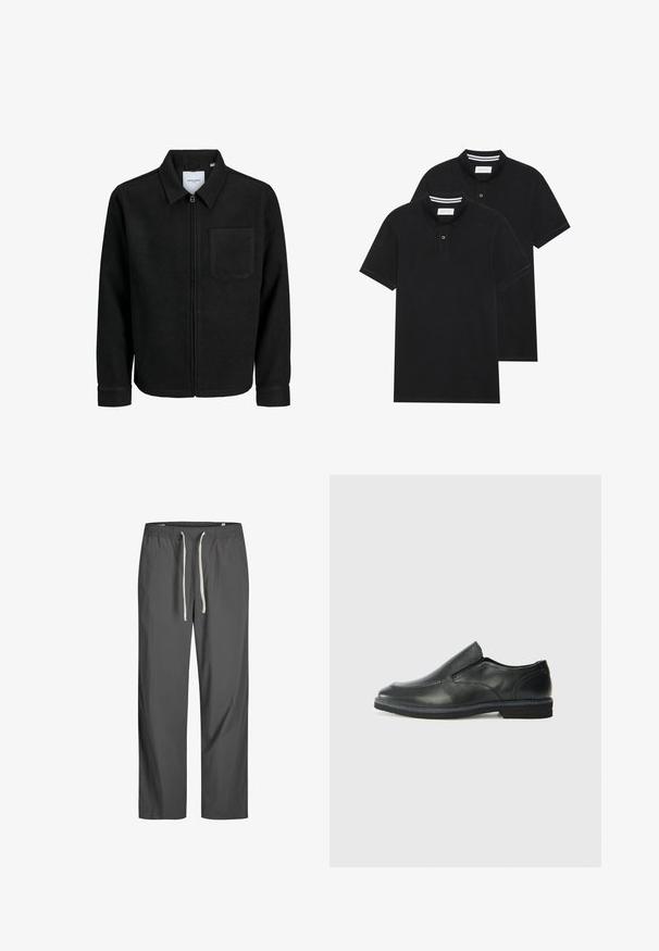 Fekete, zipzáros dzseki gallérral és egyetlen mellzsebbel, fehér háttéren.; Két fekete pólóing, rövid ujjú, pamut anyagból készült, klasszikus gallérral, két gombos gombolással, és fehér csíkos díszítéssel a gallér belső részén.; Szürke, könnyű anyagú nadrág, gumi derékkal és fehér húzózsinórral. Laza szabású, sima textúrájú, nincsenek látható minták vagy díszítések.; Fekete bőr, slip-on cipő sima felsőrésszel, varrott díszítéssel, lekerekített orral és alacsony gumitalppal. A talpa minimális bordázattal rendelkezik.