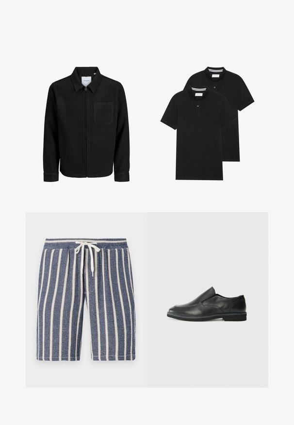 Black zip-up jacket with collar and single chest pocket, displayed on white background.; Two black polo shirts, short-sleeved, cotton material, featuring a classic collar, two-button placket, and white striped accents inside the collar.; Navy blue textured shorts with white vertical stripes, elastic waistband, and a drawstring detail. Casual design suitable for warm weather.; Black leather slip-on shoe with a smooth upper, stitched accents, rounded toe, and a low rubber heel. Sole features minimal tread.