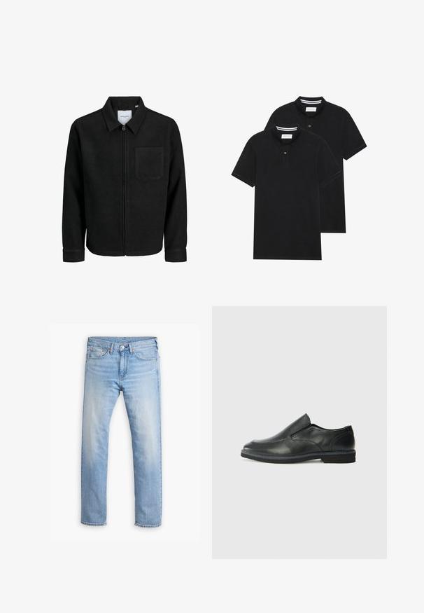Crna jakna na zip s ovratnikom i jednim džepom na prsima, prikazana na bijeloj pozadini.; Dva crna polo majice, kratki rukavi, pamučni materijal, sa klasičnom ovratnikom, čepom sa dva gumba i bijelim prugastim detaljima unutar ovratnika.; Svijetloplave traperice ravnog kroja, s pet džepova i dugmetom za zatvaranje. Imaju suptilno izbljeđivanje i narančaste šavove.; Crne kožne cipele na sklapanje s glatkom gornjom površinom, prošivenim detaljima, zaobljenim vrhom i niskim gumene potplate. Potplat ima minimalne uzorke.