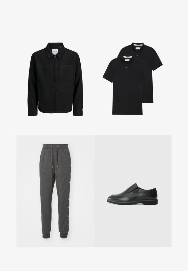 Zwarte zip-up jas met kraag en enkele borstzak, weergegeven op een witte achtergrond.; Twee zwarte polo shirts, met korte mouwen, van katoen, met een klassieke kraag, een knoopsluiting met twee knopen en witte gestreepte accenten aan de binnenkant van de kraag.; Grijze sweatpants van zacht materiaal, met een verstelbare tailleband, verstelbare enkels en drukknoopjes langs de zijkanten voor gemakkelijke toegang.; Zwarte leren instapper met een soepele bovenkant, gestikte accenten, ronde neus en een lage rubberen hak. De zool heeft minimale profiel.