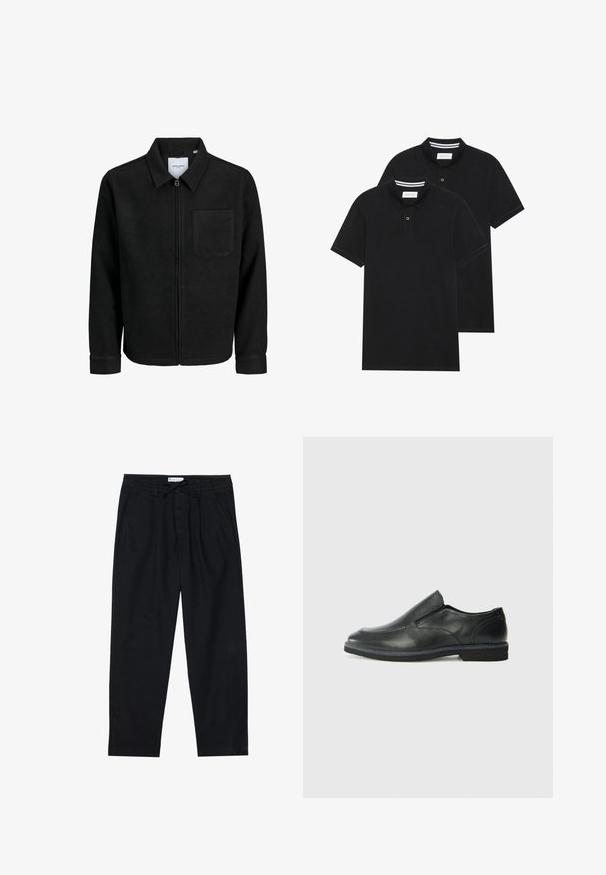 Black zip-up jacket with collar and single chest pocket, displayed on white background.; Two black polo shirts, short-sleeved, cotton material, featuring a classic collar, two-button placket, and white striped accents inside the collar.; Pier One Chinos - black; Black leather slip-on shoe with a smooth upper, stitched accents, rounded toe, and a low rubber heel. Sole features minimal tread.