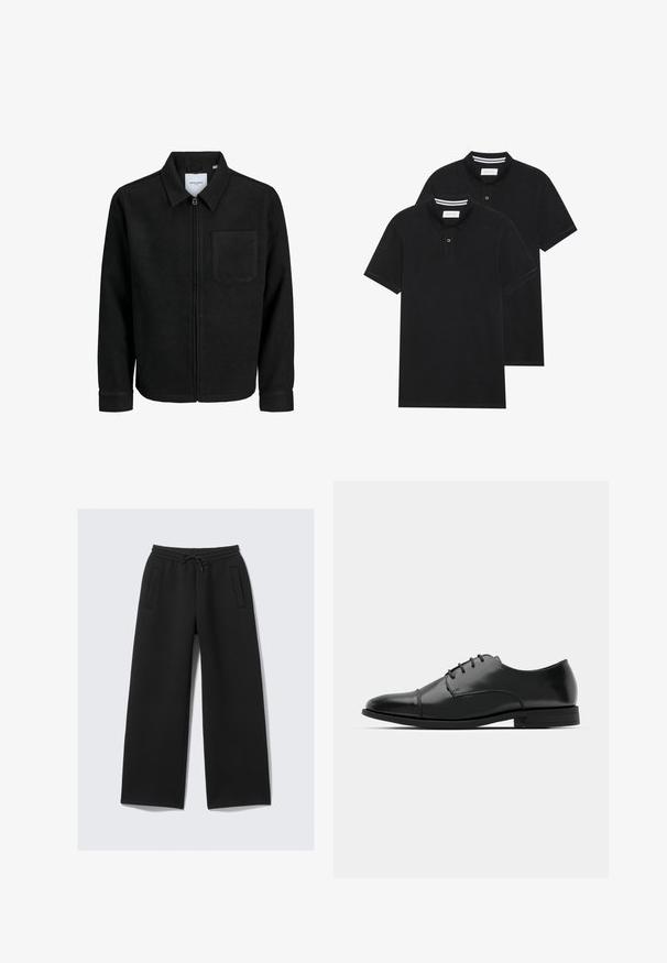 Čierna zipsová bunda s golierom a jednou náprsníkou, vystavená na bielom pozadí.; Dvé čierne polo tričká, krátke rukávy, vyrobené z bavlny, s klasickým golierom, dvojitým gombíkom a bielymi pruhmi vo vnútri goliera.; Čierne široké teplákové nohavice s elastickým pásom a šnúrkou, ktoré majú dve vertikálne rozparky na prednej strane.; Čierne kožené spoločenské topánky s okrúhlou špičkou, šnurovací dizajn, jemné prešívanie a nízky podpätok. Hladká štruktúra s lesklým povrchom.