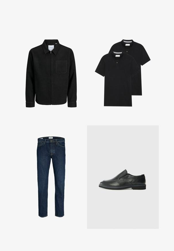 Čierna zipsová bunda s golierom a jednou náprsníkou, vystavená na bielom pozadí.; Dvé čierne polo tričká, krátke rukávy, vyrobené z bavlny, s klasickým golierom, dvojitým gombíkom a bielymi pruhmi vo vnútri goliera.; Tmavomodré džínsy s rovnými nohavicami, s klasickým päť vreckovým strihom a viditeľným kovovým gombíkom na zapínaní v páse.; Čierny kožený nazúvací topánka s hladkým zvrškom, prešitými akcentmi, zaoblenou špičkou a nízkym gumovým podpätkom. Podošva má minimálny dezén.