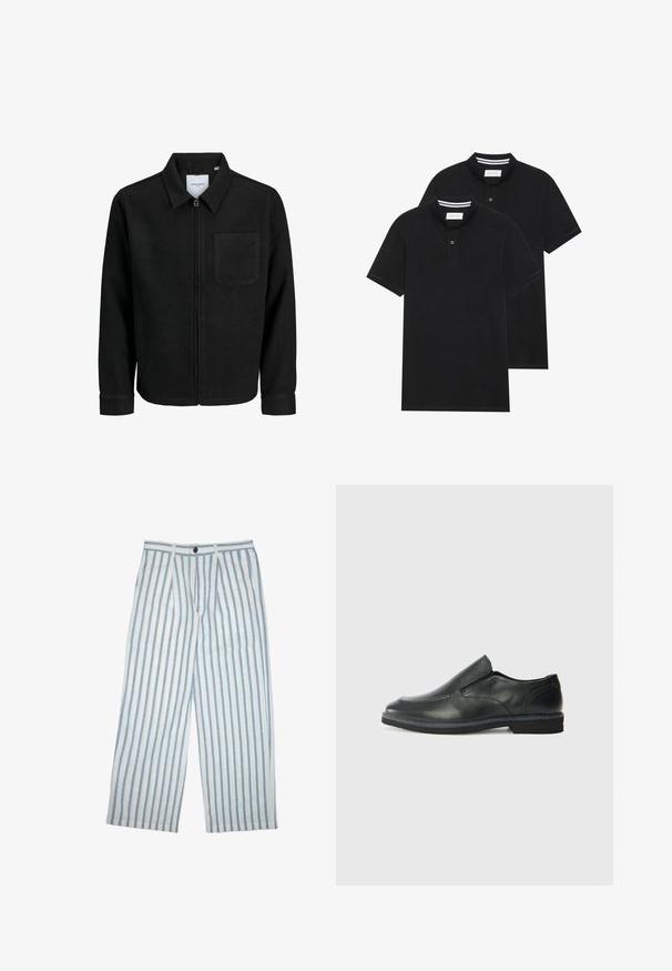 Fekete, zipzáros dzseki gallérral és egyetlen mellzsebbel, fehér háttéren.; Két fekete pólóing, rövid ujjú, pamut anyagból készült, klasszikus gallérral, két gombos gombolással, és fehér csíkos díszítéssel a gallér belső részén.; Könnyű, vászonkeverék nadrág kék és fehér függőleges csíkokkal, gombos záródással és széles, kényelmes szabással.; Fekete bőr, slip-on cipő sima felsőrésszel, varrott díszítéssel, lekerekített orral és alacsony gumitalppal. A talpa minimális bordázattal rendelkezik.