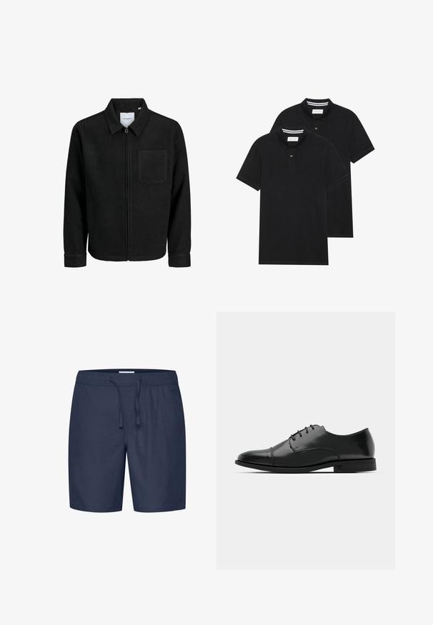 Crna jakna na zip s ovratnikom i jednim džepom na prsima, prikazana na bijeloj pozadini.; Dva crna polo majice, kratki rukavi, pamučni materijal, sa klasičnom ovratnikom, čepom sa dva gumba i bijelim prugastim detaljima unutar ovratnika.; Casual Friday CFPHELIX LINEN MIX - Kratke hlače - navy blazer; Crne kožne cipele s okruglim prstom, s vezanjem, suptilnim detaljima šivanja i niskim potplatima. Glatka tekstura s poliranim finišem.