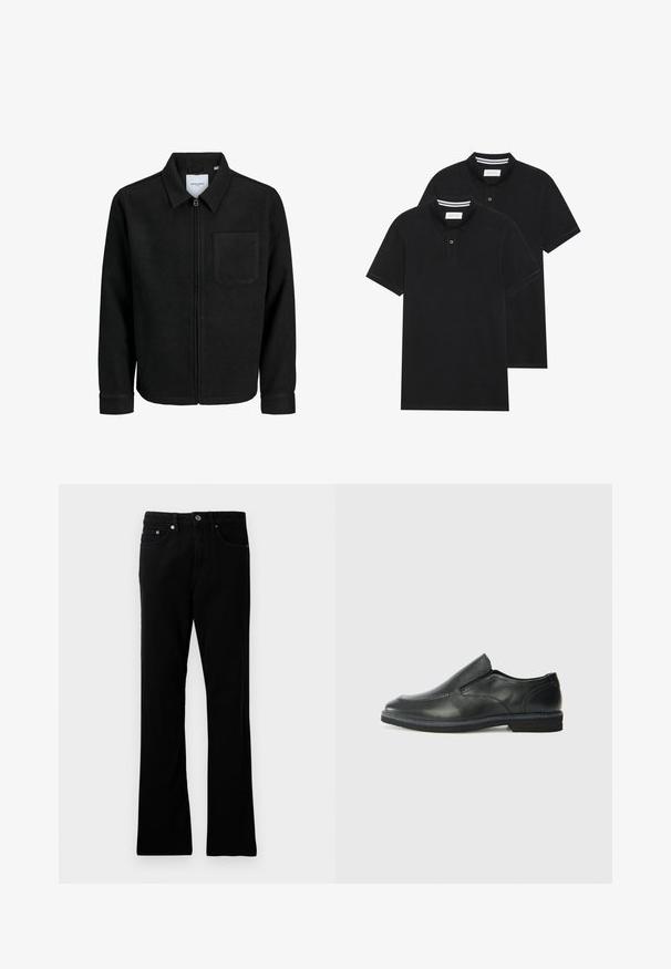 Musta vetoketjullinen takki, jossa on kaulus ja yksi rintatasku, esitelty valkoista taustaa vasten.; Kaksi mustaa lyhythihaista poolopaitaa, puuvillamateriaalia, joissa on klassinen kaulus, kahden napin napitus ja valkoiset raidat kauluksen sisällä.; Mustat farkut suoraan leikkauksella, viisi taskua, metallinen nappikiinnitys ja hillityt ompeluyksityiskohdat. Sujuva pinta ja tasainen väri.; Musta nahkainen liukujalkine, jossa on sileä pinta, ommeltuja yksityiskohtia, pyöristetty kärki ja matala kumipohja. Pohjassa on minimaalinen pito.