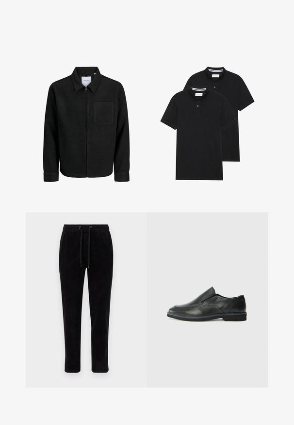 Veste zippée noire avec col et poche poitrine unique, présentée sur fond blanc.; Deux polos noirs, à manches courtes, en coton, avec un col classique, une patte de boutonnage à deux boutons, et des accents rayés blancs à l'intérieur du col.; Pantalons en velours côtelé noir avec une taille élastique, des cordons réglables et une coupe fuselée. Le tissu a une texture côtelée verticale.; Chaussure slip-on en cuir noir avec une tige lisse, des accents cousus, un bout arrondi et un petit talon en caoutchouc. La semelle présente un profil de traction minimal.