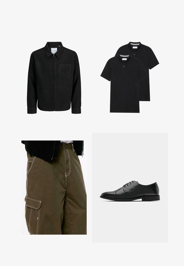 Schwarze Zip-Jacke mit Kragen und einer einzelnen Brusttasche, auf weißem Hintergrund präsentiert.; Zwei schwarze Polohemden, kurzärmlig, aus Baumwolle, mit einem klassischen Kragen, zwei Knöpfen und weißen Streifenakzenten im Inneren des Kragens.; Nahaufnahme von dunkelolivfarbenen Cargo-Hosen mit weißen Kontrastnähten und einer seitlichen Taschenklappe, getragen mit einer schwarzen Jacke und einem weißen Hemd.; Schwarzer Leder-Dieerschuh mit runder Zehenform, Schnürdesign, dezenten Nähdetails und niedrigem Absatz. Glatte Textur mit polierter Oberfläche.