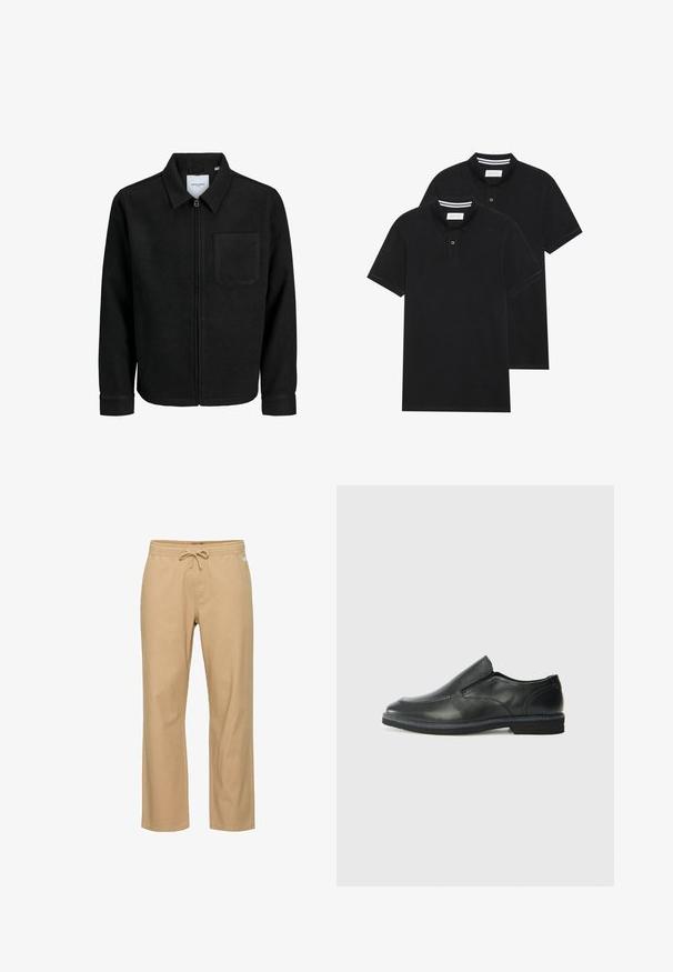 Melna jaka ar rāvējslēdzēju un apkakli, vienu krūšu kabatu, parādīta uz baltas fona.; Divas melnas polo krekli, īsām piedurknēm, no kokvilnas materiāla, ar klasisku apkakli, divu pogu aizdari un balti svītroti akcenti apkakles iekšpusē.; Dzeltenas, taisnas kājas kokvilnas bikses ar elastīgu jostu un auklu. Iekļauj sānu kabatas un gludu tekstūru.; Melnas ādas slip-on kurpes ar gludu augšdaļu, izšūtām akcentiem, noapaļotu purngala daļu un zemu gumijas papēdi. Zole ar minimālu rakstu.