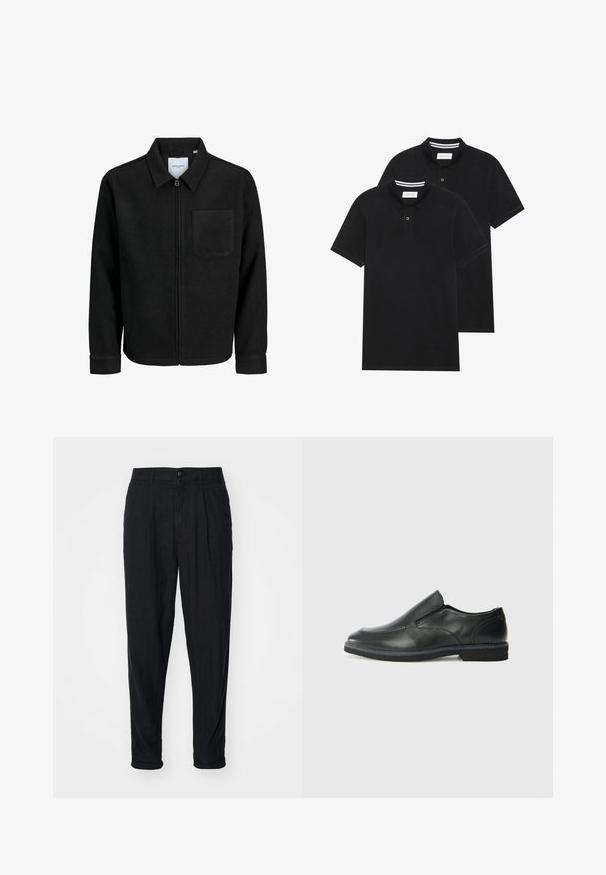 Juodas džemperis su užtrauktuku, apykakle ir vienu krūtiniu kišenėje, pristatytas baltame fone.; Du žaidimų juodos polo marškiniai, trumpomis rankovėmis, pagaminti iš medvilnės, su klasikinėmis apykaklėmis, dviem mygtukais priekyje ir baltais dryžiais apykaklės viduje.; Juodi lino kelnes su laisvu siluetu, su mygtuko uždarymu, raukšlėmis ir suktais hemų kraštais. Lygi tekstūra ir minimalus dizainas.; Juodai odiniai įtvirtinimo batai su lygiu paviršiumi, siuvinėjimo akcentais, apvalia nosimi ir žemu guminiu kulnu. Pado raštas minimalus.