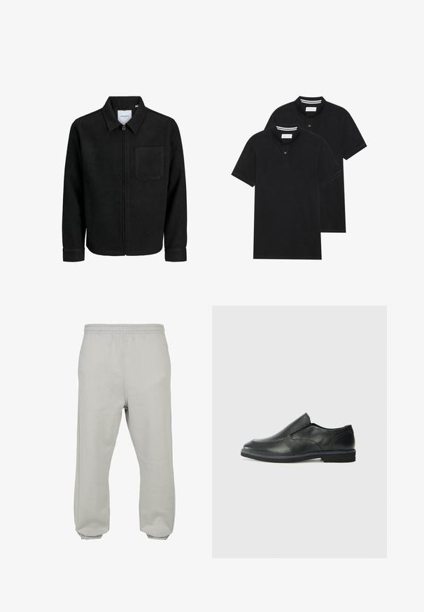 Čierna zipsová bunda s golierom a jednou náprsníkou, vystavená na bielom pozadí.; Dvé čierne polo tričká, krátke rukávy, vyrobené z bavlny, s klasickým golierom, dvojitým gombíkom a bielymi pruhmi vo vnútri goliera.; Svetlošedé tepláky vyrobené z mäkkej tkaniny, s elastickým pásom, zúženými nohavicami a rebrovanými manžetami pre pohodlné nosenie.; Čierny kožený nazúvací topánka s hladkým zvrškom, prešitými akcentmi, zaoblenou špičkou a nízkym gumovým podpätkom. Podošva má minimálny dezén.