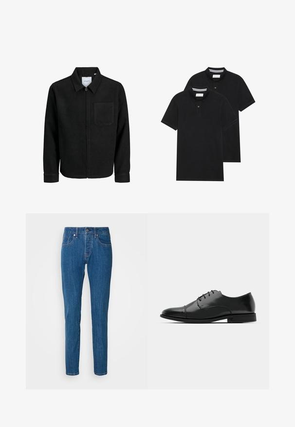 Veste zippée noire avec col et poche poitrine unique, présentée sur fond blanc.; Deux polos noirs, à manches courtes, en coton, avec un col classique, une patte de boutonnage à deux boutons, et des accents rayés blancs à l'intérieur du col.; Jean droit bleu en denim, avec un design classique à cinq poches, une fermeture à bouton et un léger décoloré sur les jambes.; Chaussure habillée noire en cuir avec un bout rond, un laçage, des détails de couture subtils et un petit talon. Texture lisse avec une finition polie.