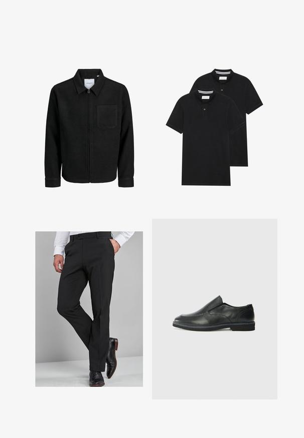 Melna jaka ar rāvējslēdzēju un apkakli, vienu krūšu kabatu, parādīta uz baltas fona.; Divas melnas polo krekli, īsām piedurknēm, no kokvilnas materiāla, ar klasisku apkakli, divu pogu aizdari un balti svītroti akcenti apkakles iekšpusē.; Melnas bikses ar piegriezumu, kas akcentē figūru, ar gludu tekstūru, taisnām kājām un jostu cilpiņām, kombinētas ar mirdzošām melnām apaviem.; Melnas ādas slip-on kurpes ar gludu augšdaļu, izšūtām akcentiem, noapaļotu purngala daļu un zemu gumijas papēdi. Zole ar minimālu rakstu.