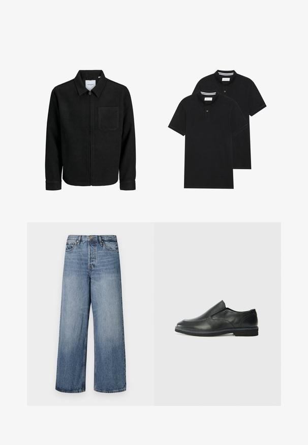 Čierna zipsová bunda s golierom a jednou náprsníkou, vystavená na bielom pozadí.; Dvé čierne polo tričká, krátke rukávy, vyrobené z bavlny, s klasickým golierom, dvojitým gombíkom a bielymi pruhmi vo vnútri goliera.; Široké modré džínsy s vyblednutým umývaním, dizajnom s piatimi vreckami a zapínaním na gombík. S opaskovými pútkami a prešitými detailmi.; Čierny kožený nazúvací topánka s hladkým zvrškom, prešitými akcentmi, zaoblenou špičkou a nízkym gumovým podpätkom. Podošva má minimálny dezén.