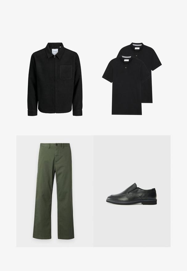 Črna jakna z zadrgo in ovratnikom ter enim žepom na prsih, prikazana na beli podlagi.; Dve črne polo majice, kratke rokave, iz bombažnega materiala, z klasik ovratnikom, dvobodno zaponko in belimi črtkami znotraj ovratnika.; Zelene široke hlače iz mešanice bombaža, s posamezno zapiralo, zanke za pas in subtilno navpično teksturo.; Črne usnjene natikače z gladkim zgornjim delom, prišitimi detajli, zaobljenim nosom in nizkim gumijastim petkom. Podplat ima minimalen profil.