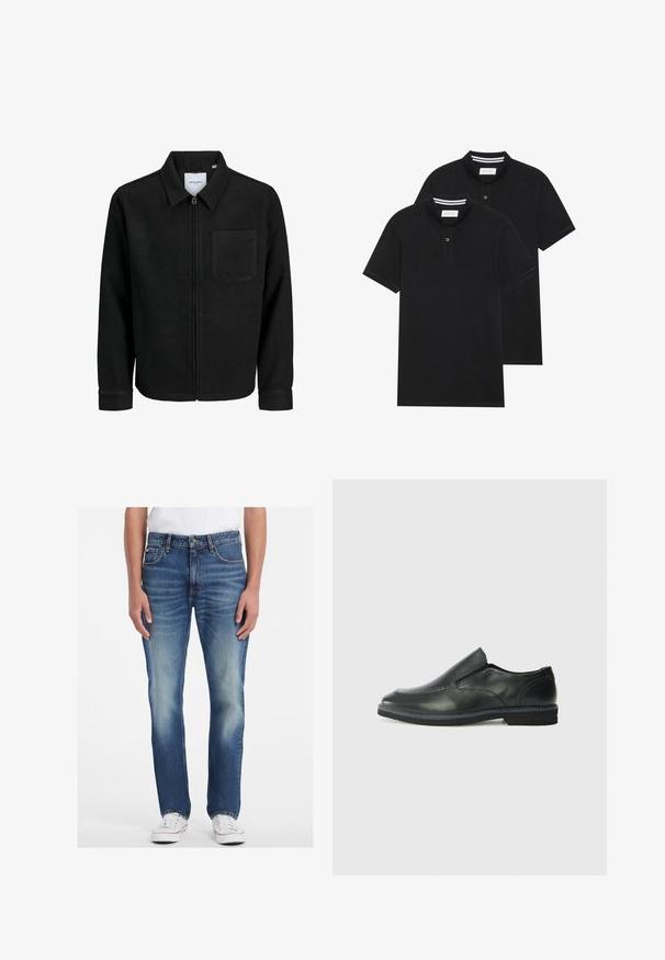 Mustaga lukuga jakker, millel on krae ja üks rinna-tasku, esitatud valgel taustal.; Kaks musta polo särki, lühikeste varrukatega, puuvillane materjal, klassikalise kraega, kahe nupuga kinnitusega, valgete triipudega krae sisepinnal.; Sinine denimpüksid sirge sääre disainiga, millel on hele pesu, kulunud aktsendid ja viis taskut. Paaritatud valgete spordijalatsitega.; Must musta laia suuga king, millel on sile ülemine osa, õmmeldud detailid, ümmargune nina ja madal kummist konts. Tallal on minimaalne mustr.