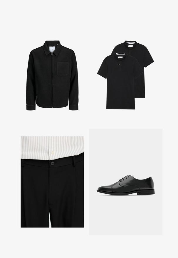 Black zip-up jacket with collar and single chest pocket, displayed on white background.; Two black polo shirts, short-sleeved, cotton material, featuring a classic collar, two-button placket, and white striped accents inside the collar.; Black tailored trousers featuring a smooth texture, button closure, and belt loops, paired with a striped light shirt.; Black leather dress shoe with a rounded toe, lace-up design, subtle stitching details, and a low heel. Smooth texture with polished finish.