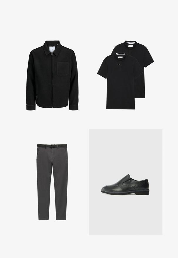 Schwarze Zip-Jacke mit Kragen und einer einzelnen Brusttasche, auf weißem Hintergrund präsentiert.; Zwei schwarze Polohemden, kurzärmlig, aus Baumwolle, mit einem klassischen Kragen, zwei Knöpfen und weißen Streifenakzenten im Inneren des Kragens.; Graue Hose aus gewebtem Stoff, mit geradem Schnitt, seitlichen Taschen und einem schwarzen Ledergürtel mit einer silbernen Schnalle.; Schwarze Leder-Slipper mit glattem Obermaterial, gesteppten Akzenten, runder Zehenpartie und niedrigem Gummiabsatz. Die Sohle hat ein minimales Profil.