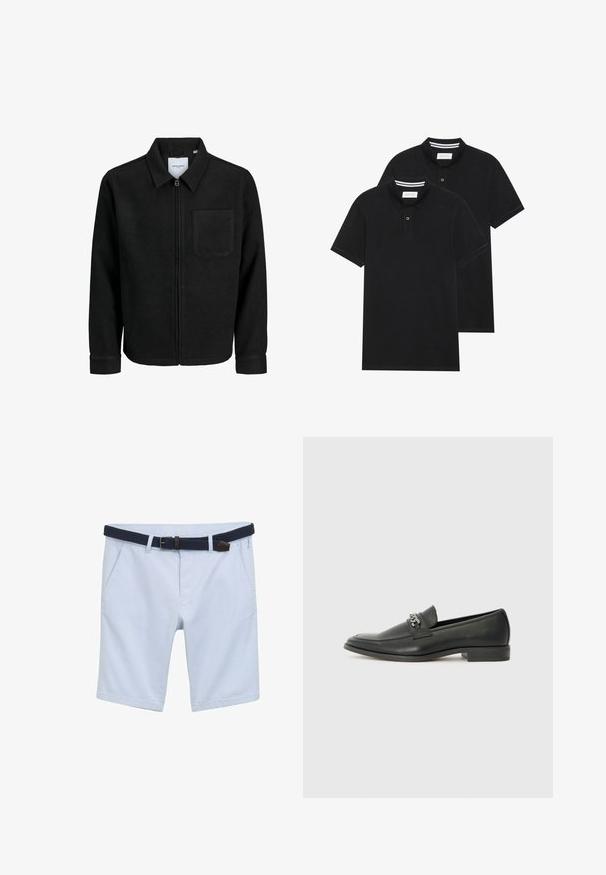 Melna jaka ar rāvējslēdzēju un apkakli, vienu krūšu kabatu, parādīta uz baltas fona.; Divas melnas polo krekli, īsām piedurknēm, no kokvilnas materiāla, ar klasisku apkakli, divu pogu aizdari un balti svītroti akcenti apkakles iekšpusē.; TOM TAILOR STRETCH MIT GÜRTEL - Šorti - light blue white zigzag dobby; Melna ādas loafer izmēra apavi ar gludu virsmu, piedāvā ar šūtu dizainu un dekoratīvu metāla ķēdes akcentu pār vampu. Plakana papēža daļa.
