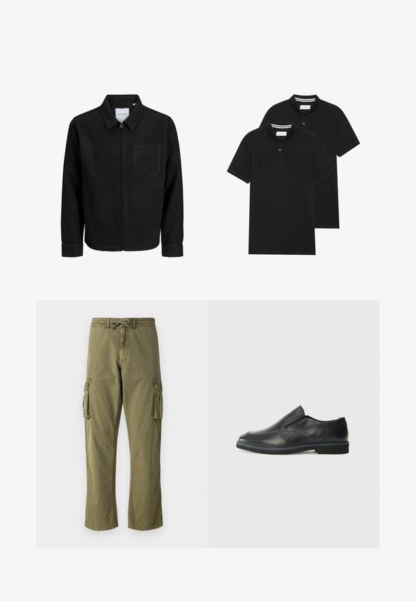 Melna jaka ar rāvējslēdzēju un apkakli, vienu krūšu kabatu, parādīta uz baltas fona.; Divas melnas polo krekli, īsām piedurknēm, no kokvilnas materiāla, ar klasisku apkakli, divu pogu aizdari un balti svītroti akcenti apkakles iekšpusē.; Olīvu zaļas krāsas kokvilnas maisījuma bikses ar elastīgu jostu un aukliņu, sānu kabatām un taisnu kāju dizainu.; Melnas ādas slip-on kurpes ar gludu augšdaļu, izšūtām akcentiem, noapaļotu purngala daļu un zemu gumijas papēdi. Zole ar minimālu rakstu.