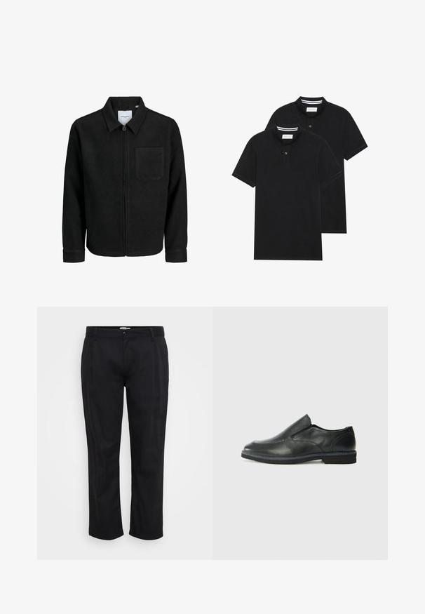 Schwarze Zip-Jacke mit Kragen und einer einzelnen Brusttasche, auf weißem Hintergrund präsentiert.; Zwei schwarze Polohemden, kurzärmlig, aus Baumwolle, mit einem klassischen Kragen, zwei Knöpfen und weißen Streifenakzenten im Inneren des Kragens.; Jack & Jones JPSTBILL WILLIAM WORKER - Stoffhose - black; Schwarze Leder-Slipper mit glattem Obermaterial, gesteppten Akzenten, runder Zehenpartie und niedrigem Gummiabsatz. Die Sohle hat ein minimales Profil.