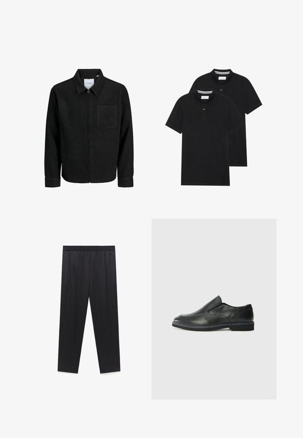 Schwarze Zip-Jacke mit Kragen und einer einzelnen Brusttasche, auf weißem Hintergrund präsentiert.; Zwei schwarze Polohemden, kurzärmlig, aus Baumwolle, mit einem klassischen Kragen, zwei Knöpfen und weißen Streifenakzenten im Inneren des Kragens.; Schwarze, gestreifte Hose mit elastischem Bund, geradem Bein und glatter Textur. Keine zusätzlichen Beschläge oder Details sichtbar.; Schwarze Leder-Slipper mit glattem Obermaterial, gesteppten Akzenten, runder Zehenpartie und niedrigem Gummiabsatz. Die Sohle hat ein minimales Profil.