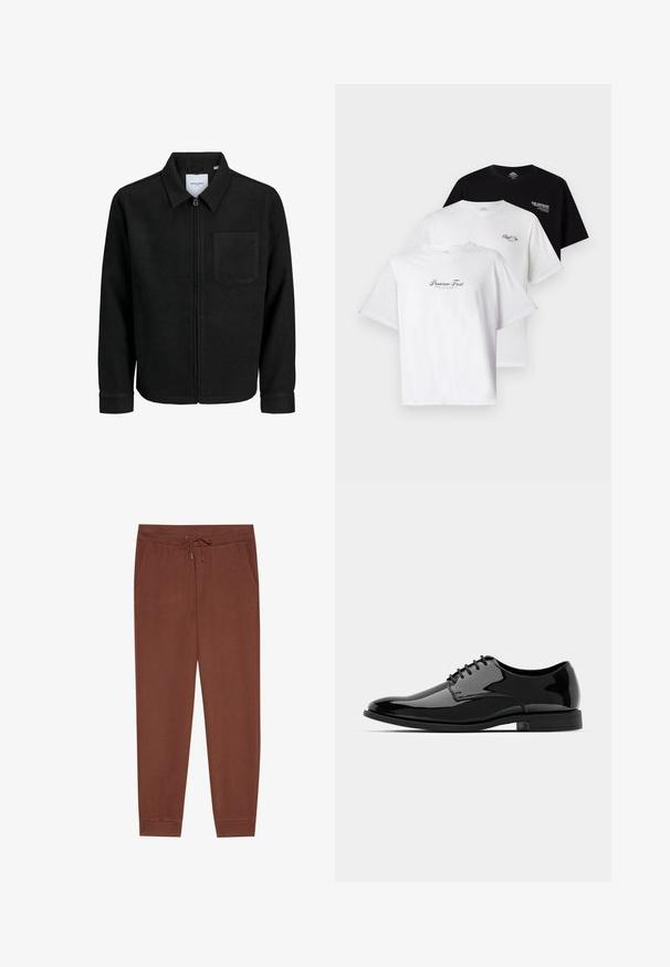 Svart zip-jacka med krage och en enda bröstficka, visad på vit bakgrund.; Tre T-shirts i ett paket: en svart, två vita. Korta ärmar, rund hals, med textgrafik på bröstet i kontrasterande färger. Tillverkade i bomull.; Bruna mjukisbyxor med dragsko i midjan, sidofickor och avsmalnande ben. Tillverkad av mjukt tyg med en slät yta och inga synliga mönster.; Svart lackläderskor med rund tå, snörning och slät, blank yta. Har en låg gummisula.