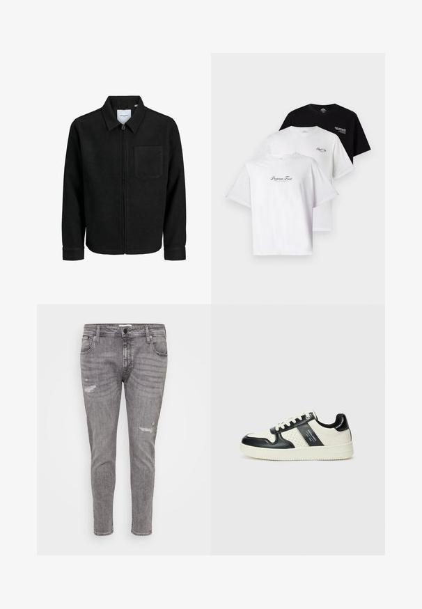 Mustaga lukuga jakker, millel on krae ja üks rinna-tasku, esitatud valgel taustal.; Kolm T-särki pakis: üks must, kaks valget. Lühikesed varrukad, ümmargune kaelus, rinnal kontrastsete värvidega teksti graafika. Puuvillane materjal.; Hallide denimitud teksad, millel on kulumiskohad, kitsas lõige, standardne viie taskuga disain ja kergelt kitsenev jalg.; Nahatud nahkkingad musta ja kreemi värviskeemiga, millel on perforeeritud aktsendid, pehme krae ja tekstureeritud tallad.