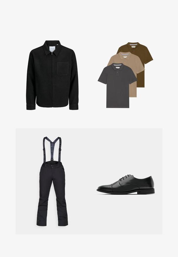 Mustaga lukuga jakker, millel on krae ja üks rinna-tasku, esitatud valgel taustal.; Kolm polo särki virna peal: tumehall, beež ja oliivroheline. Lühikeste varrukatega, krae kahe nööbiga, puuvillane materjal.; Mustad mustad püksid reguleeritavate hallide rihmadega, mis on varustatud sileda pinnaga, lukuga taskutega ning tugevdatud paneelidega alumistel jalgadel.; Must must esine tugeva varbaga, luku kinnitusega, peente õmblustete detailidega ja madala kontsaga. Sile tekstuur ja poleeritud viimistlus.