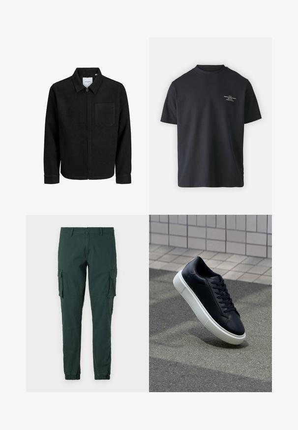 Črna jakna z zadrgo in ovratnikom ter enim žepom na prsih, prikazana na beli podlagi.; Črna bombažna majica s krožnim izrezom, kratkimi rokavi in majhnim belim tiskom spredaj, ki se ponaša z udobnim krojem in gladko teksturo.; Zelene cargo hlače s slim krojem, ki imajo elastične manšete, stranske žepe in klasično zapiranje na gumb. Narejene so iz mehkega in trpežnega blaga.; Črne usnjene superge z zaobljenim prstom in belim gumijastim podplat. Imajo ravne vezalke in minimalno šivanje na zgornjem delu. Teksturirani podplat za oprijem.
