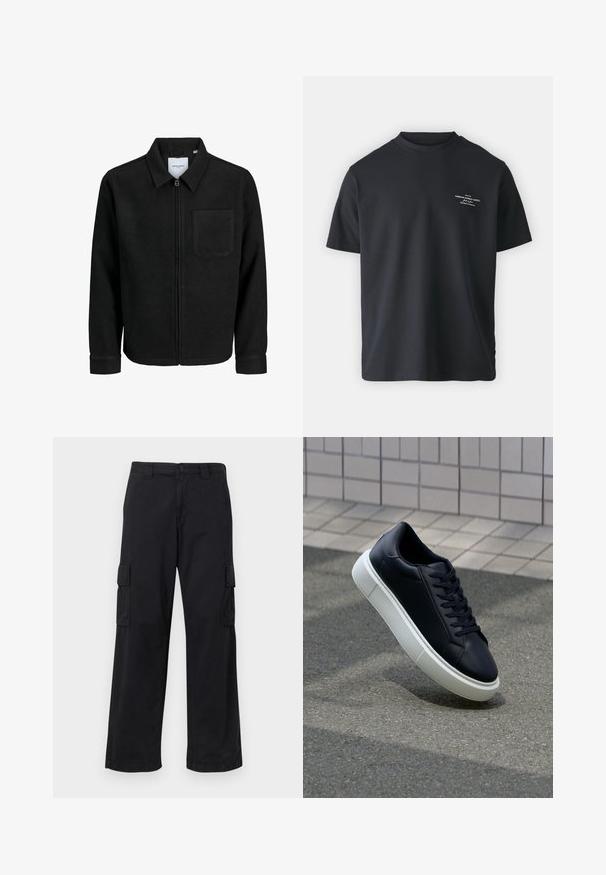 Černá zipová bunda s límečkem a jednou kapsou na hrudi, vystavená na bílém pozadí.; Černé bavlněné tričko s kulatým výstřihem, krátkými rukávy a malým bílým potiskem na přední straně, se uvolněným střihem a hladkou texturou.; Černé cargo kalhoty vyrobené z bavlněné směsi, s volným střihem, dvěma bočními kapsami a zapínáním na knoflík. Hladká textura s minimálními ozdobami.; Černé kožené tenisky s kulatou špičkou a bílou gumovou podrážkou. mají ploché tkaničky a minimální šití na svršku. Texturovaná podrážka pro lepší přilnavost.