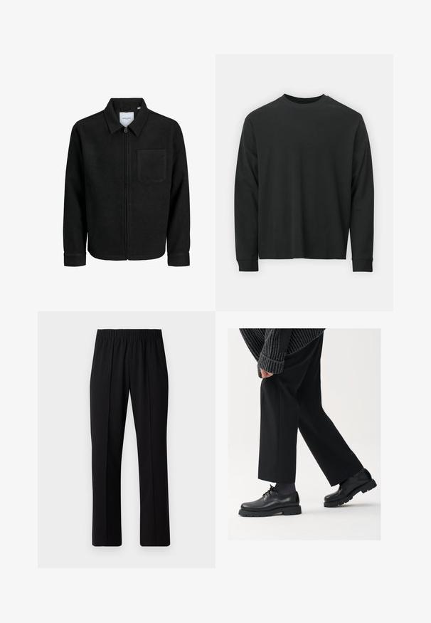 Musta vetoketjullinen takki, jossa on kaulus ja yksi rintatasku, esitelty valkoista taustaa vasten.; Pitkähihaine musta T-paita, joka on valmistettu puuvillasta. Tässä paidassa on pyöreä pääntie, rento istuvuus ja ribbikuvioidut hihansuut. Pintakuvasto on sileä ilman näkyviä kuvioita.; Mustat, joustavat vyötäröhousut suoralla lahkeella, joissa on sileä pinta ilman näkyviä kuvioita tai metalliosia.; Mustat nahkakengät, joissa on pyöreä kärki, nauhakiinnitys ja paksu, teksturoitu pohja. Yhdistetty räätälöityjen mustien housujen ja ribbivillapuseron kanssa.