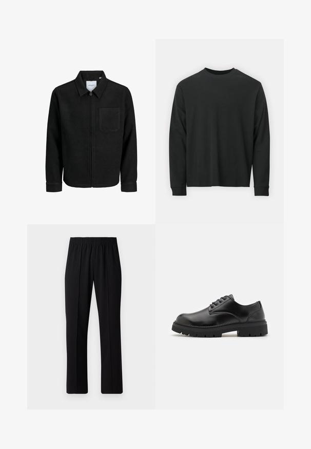 Black zip-up jacket with collar and single chest pocket, displayed on white background.; Long-sleeve black T-shirt made of cotton, featuring a round neckline, loose fit, and ribbed cuffs. Smooth texture with no visible patterns.; Black, elastic-waist trousers with a straight-leg design, featuring a smooth texture and no visible patterns or hardware.; Black leather shoes with a rounded toe, lace-up design, and a thick, textured rubber sole. Features stitching along the edge and a smooth finish.