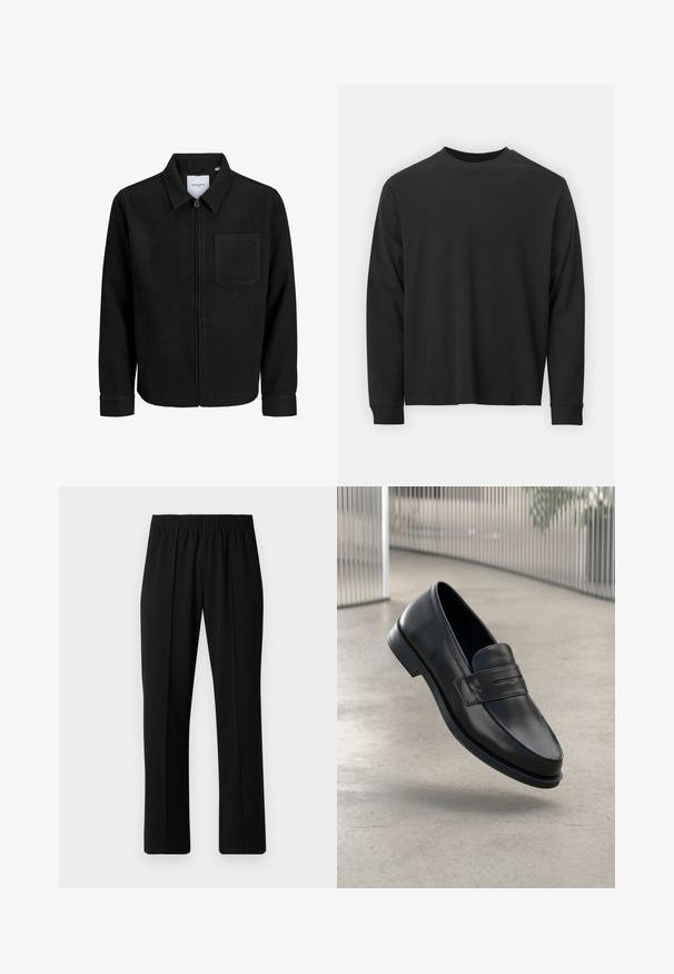 Melna jaka ar rāvējslēdzēju un apkakli, vienu krūšu kabatu, parādīta uz baltas fona.; Garās piedurknes melna T-kreklā, izgatavota no kokvilnas, ar apaļu kakla izgriezumu, brīvu piegriezumu un ribotām piedurknēm. Gluda tekstūra bez redzamām rakstainēm.; Melni elastīgi bikses ar taisnas kājas dizainu, ar gludu tekstūru un bez redzamām zīmēm vai detaļām.; Melns ādas mokasīns ar gludu tekstūru, smails purngalu un dekoratīvu siksnu pāri pakavsaitam. Viegls zole, minimāls dizains.