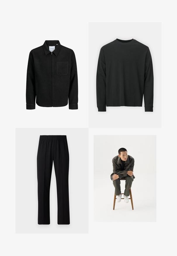 Schwarze Zip-Jacke mit Kragen und einer einzelnen Brusttasche, auf weißem Hintergrund präsentiert.; Langärmliges schwarzes T-Shirt aus Baumwolle, mit Rundhalsausschnitt, lockerer Passform und gerippten Bündchen. Weiche Textur ohne sichtbare Muster.; Schwarze, Gummibund-Hosen mit geradem Schnitt, die eine glatte Textur aufweisen und keine sichtbaren Muster oder Beschläge haben.; Braune Lederjacke mit einem breiten Kragen, kombiniert mit dunkelgrünen Jeans und weißen Sneakers. Das Modell sitzt auf einem Holzschemel.