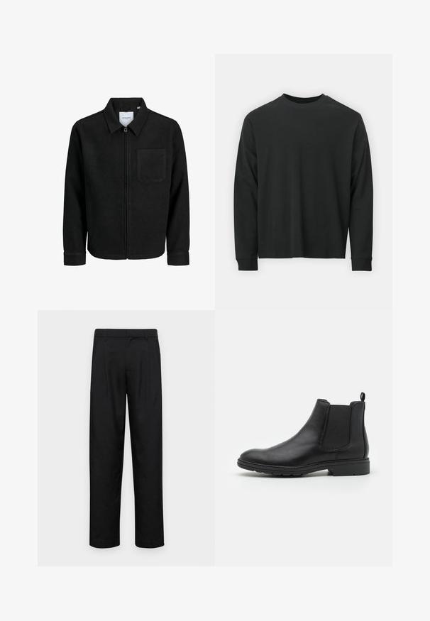 Chaqueta negra con cremallera y cuello, con un solo bolsillo en el pecho, expuesta sobre un fondo blanco.; Camiseta negra de manga larga, hecha de algodón, con escote redondo, corte holgado y puños acanalados. Textura suave sin patrones visibles.; Pantalones negros de tela suave, con un diseño de pierna recta, dos pliegues frontales y una cintura estándar con trabillas para el cinturón.; Botín Chelsea de cuero negro con paneles laterales elásticos y una tira de sujeción, con punta redondeada y suela de goma texturizada.