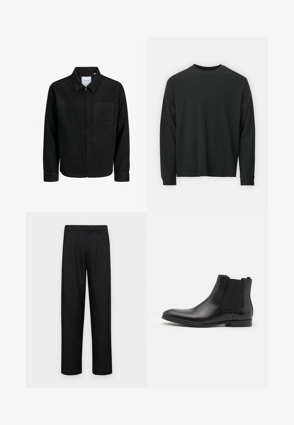 Jachetă neagră cu fermoar, cu guler și un singur buzunar pe piept, expusă pe fundal alb.; Tricou negru cu mânecă lungă, realizat din bumbac, cu guler rotund, croială lejeră și manșete ribbate. Textură netedă, fără modele vizibile.; Pantaloni negri dintr-un material neted, cu un design drept, două pliuri frontale și un tiv standard cu bucle pentru curea.; Cizmă Chelsea din piele neagră, cu panouri laterale elastice, vârf rotund și finisaj neted. Talpă plană din cauciuc și design minimalist.