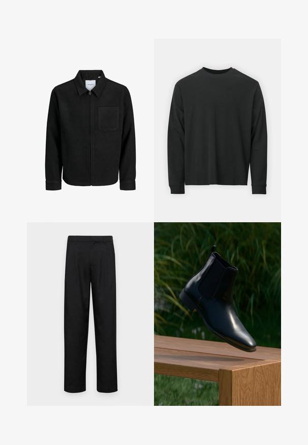 Juodas džemperis su užtrauktuku, apykakle ir vienu krūtiniu kišenėje, pristatytas baltame fone.; Ilga melsva juoda marškinėliai, pagaminti iš medvilnės, su apvaliu iškirpimu, laisvu siluetu ir ripsuota apykakle. Lygus paviršius be matomų raštų.; Juodi kelnių modeliai, pagaminti iš lygios medžiagos, turi tiesią kojas, du priekiniai klostės ir standartinę juosmenį su diržo kilpomis.; Juodas odinis Čelsio botas kabo virš medinės suolelio, o fone matosi žolė ir augalai.