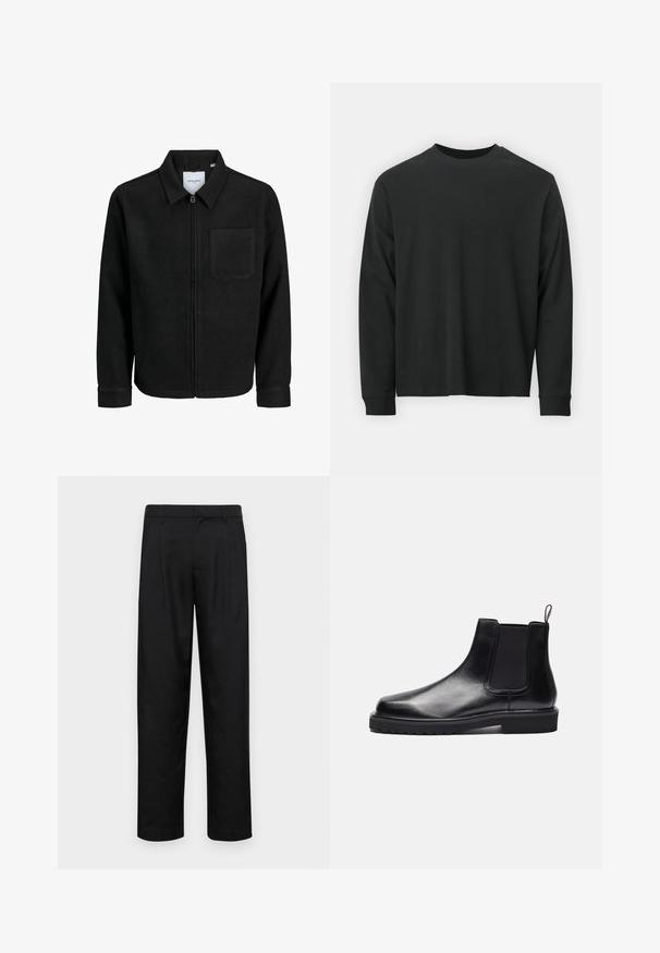Czarna kurtka z zamkiem na całej długości, z kołnierzem i jedną kieszenią na piersi, umieszczona na białym tle.; Czarna koszulka z długim rękawem, wykonana z bawełny, z okrągłym dekoltem, luźnym krojem i ściągaczami na rękawach. Gładka tekstura bez widocznych wzorów.; Czarne spodnie wykonane z gładkiego materiału, z prostą nogawką, dwoma fałdami z przodu oraz standardowym paskiem z wypustkami na pasek.; Zign - Botki