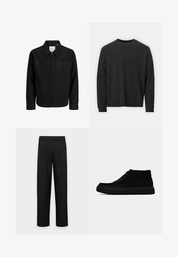 Fekete, zipzáros dzseki gallérral és egyetlen mellzsebbel, fehér háttéren.; Fekete, hosszú ujjú póló, 100% pamutból készült, kerek nyakkivágással, bő szabású, bordázott mandzsettákkal. Simaság jellemzi, látható mintázat nélkül.; Fekete nadrág sima anyagból, egyenes szárú fazonnal, két elülső redővel és közönséges derékkal, övhurkokkal.; Fekete bokacsizmák puha anyagból, kerek orral, minimális fűzéssel és texturált gumitalppal, amely függőleges barázdákkal rendelkezik.
