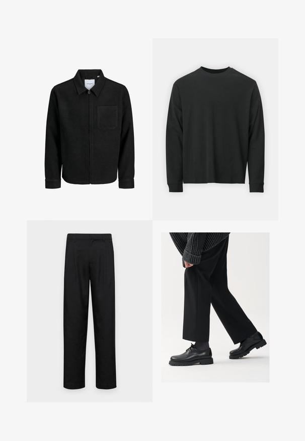 Musta vetoketjullinen takki, jossa on kaulus ja yksi rintatasku, esitelty valkoista taustaa vasten.; Pitkähihaine musta T-paita, joka on valmistettu puuvillasta. Tässä paidassa on pyöreä pääntie, rento istuvuus ja ribbikuvioidut hihansuut. Pintakuvasto on sileä ilman näkyviä kuvioita.; Mustat housut, jotka on valmistettu sileästä kankaasta, suoran lahkeen muotoilulla, kahdella etupleekillä ja tavanomaisella vyötäröllä, jossa on vyölenkit.; Mustat nahkakengät, joissa on pyöreä kärki, nauhakiinnitys ja paksu, teksturoitu pohja. Yhdistetty räätälöityjen mustien housujen ja ribbivillapuseron kanssa.