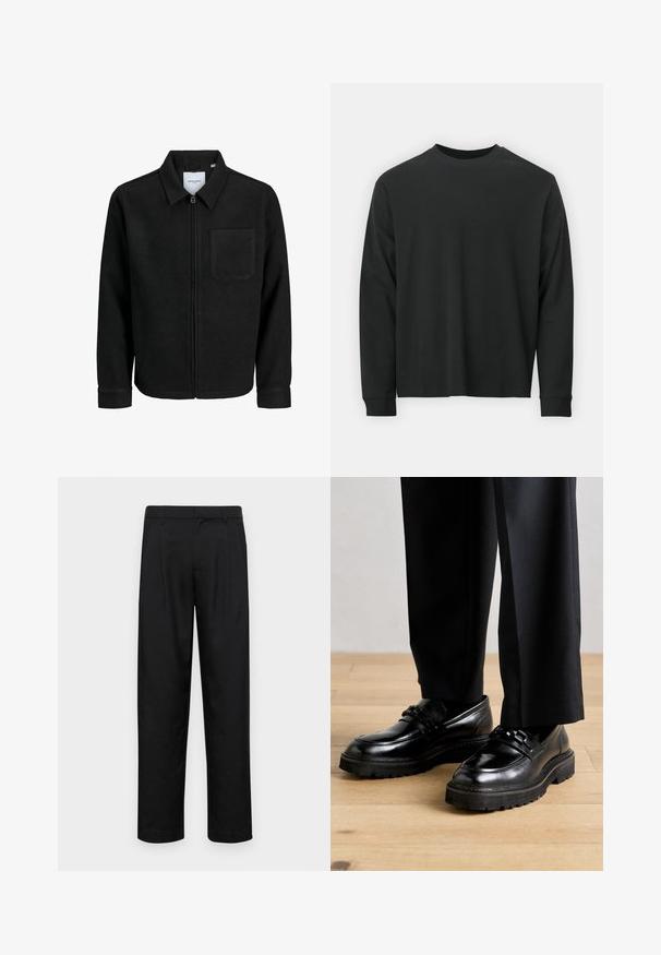 Black zip-up jacket with collar and single chest pocket, displayed on white background.; Long-sleeve black T-shirt made of cotton, featuring a round neckline, loose fit, and ribbed cuffs. Smooth texture with no visible patterns.; Black trousers made of smooth fabric, featuring a straight-leg design, two front pleats, and standard waistband with belt loops.; Black leather shoes with a smooth finish, featuring a broad sole and decorative cross-bands over the instep. Worn with tailored black trousers.