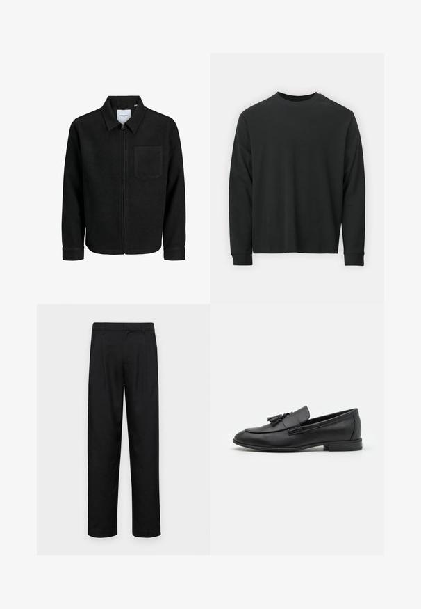 Crna jakna na zip s ovratnikom i jednim džepom na prsima, prikazana na bijeloj pozadini.; Dugi rukav crni majica od pamuka, s okruglim izrezom, slobodnog kroja i rebrastim manžetama. Glatka tekstura bez vidljivih uzoraka.; Crne hlače od glatkog materijala, s dizajnom ravnih nogavica, dva prednja nabora i standardnim pojasom s petljama za remen.; Crni kožni mokasini s glatkom površinom, s resicama sprijeda, okruglim vrhom i niskim petama. Jednostavan i elegantan dizajn.