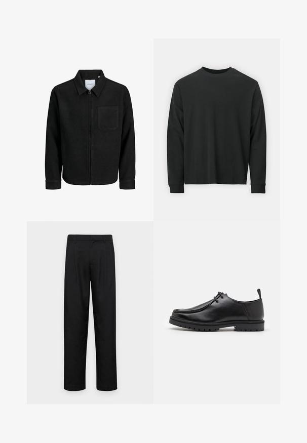 Fekete, zipzáros dzseki gallérral és egyetlen mellzsebbel, fehér háttéren.; Fekete, hosszú ujjú póló, 100% pamutból készült, kerek nyakkivágással, bő szabású, bordázott mandzsettákkal. Simaság jellemzi, látható mintázat nélkül.; Fekete nadrág sima anyagból, egyenes szárú fazonnal, két elülső redővel és közönséges derékkal, övhurkokkal.; Fekete bőr cipő, fűzős kivitelben, strapabíró talppal és saroknál húzófüllel, oldalnézetből, fehér háttér előtt.